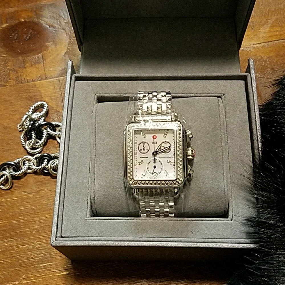 Michele 18mm Silver Diamond Deco Watch